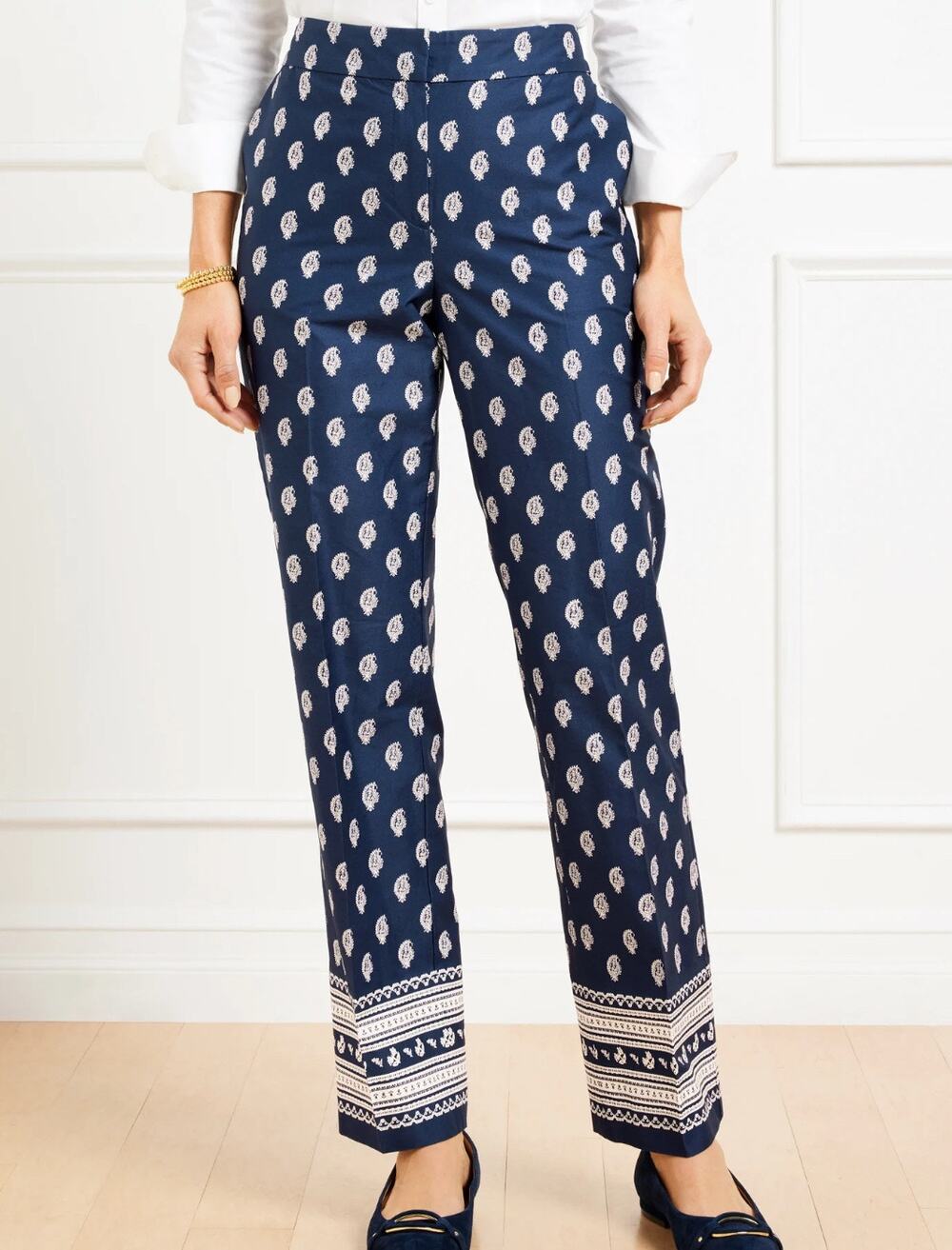 Talbots Straight Leg Twill Pants Serene Paisley India Ink Ivory 12 New